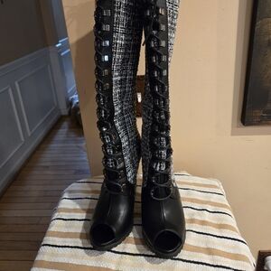 Beau & Ashe Open Toes, Black and White Over the Knee Boots